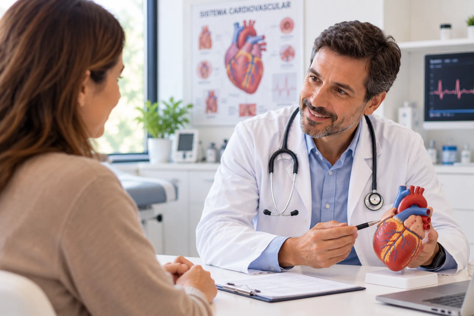 Cardióloga mostrando un modelo del corazón durante la consulta