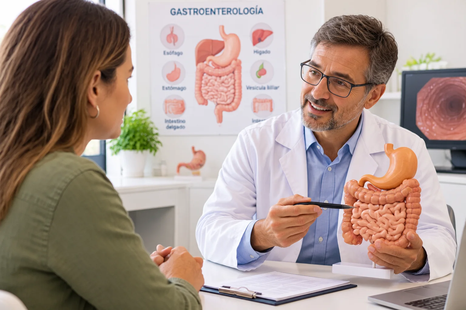 Consulta de Gastroenterología con modelo digestivo