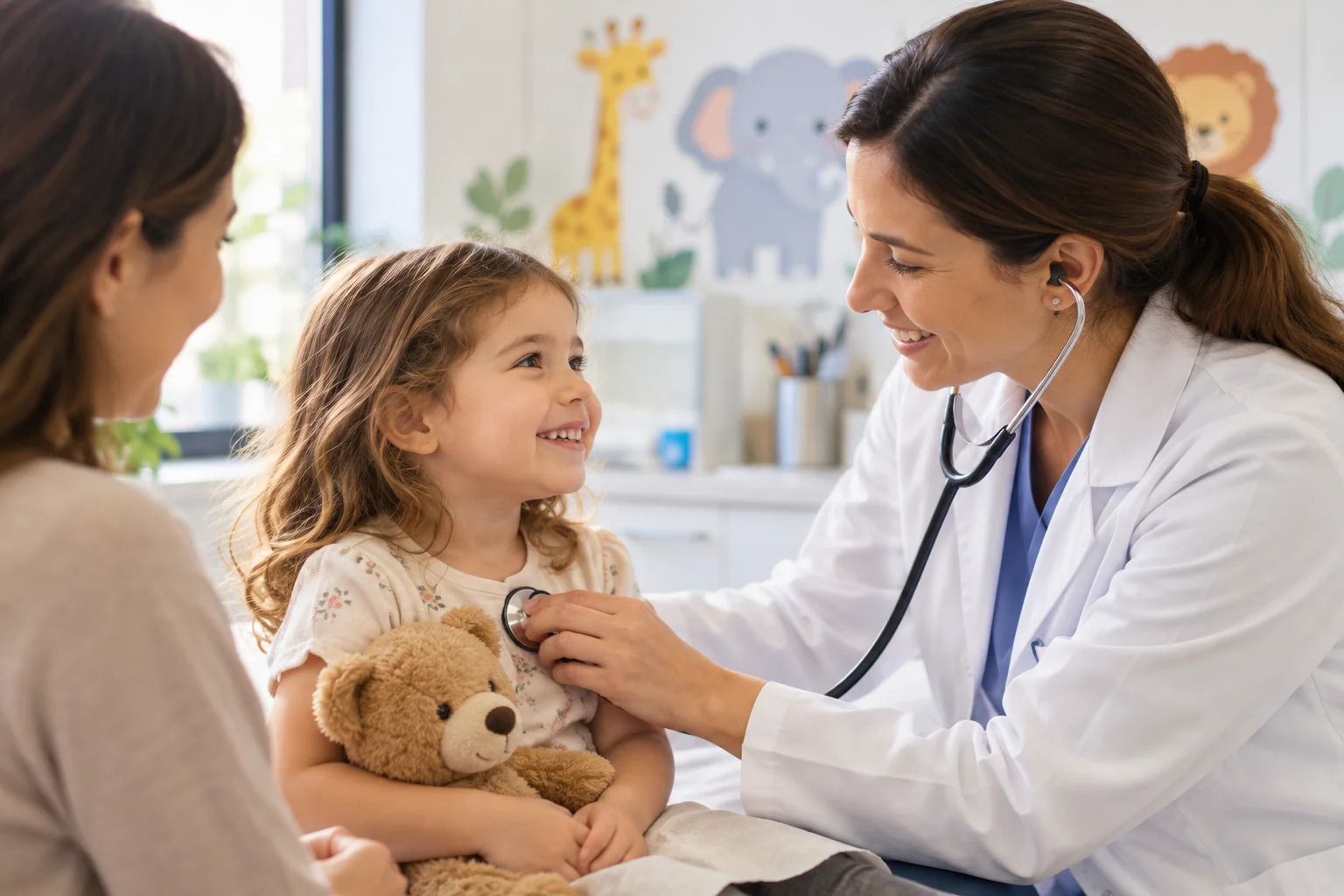 Pediatra atendiendo a una nena en el consultorio, acompañada por su mamá